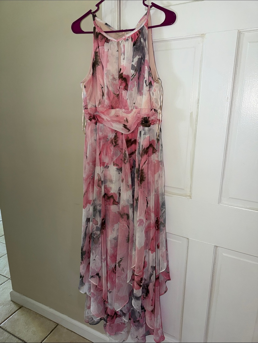R&M Richards Pink Floral High-Low Halter Dress